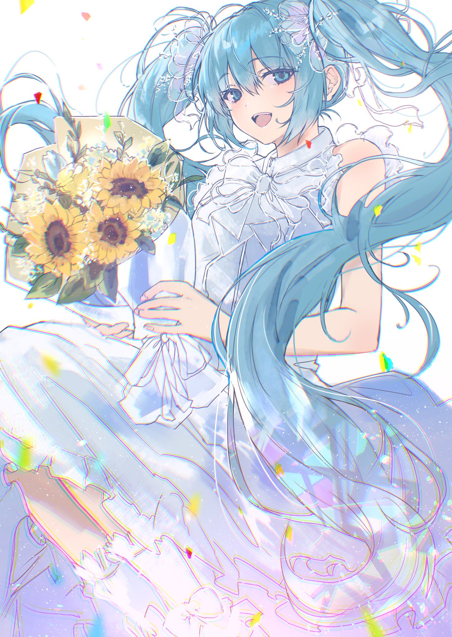 heremia, hatsune miku, vocaloid, highres, 1girl, :d, bare shoulders, blue eyes, blue hair, bouquet, bow, dress, floating hair, flower, frilled dress, frills, hair between eyes, hair ornament, holding, holding bouquet, long hair, looking at viewer, open mouth, ribbon, simple background, sleeveless, sleeveless dress, smile, solo, sunflower, teeth, twintails, very long hair, white background, white bow, white dress, white ribbon, yellow flower