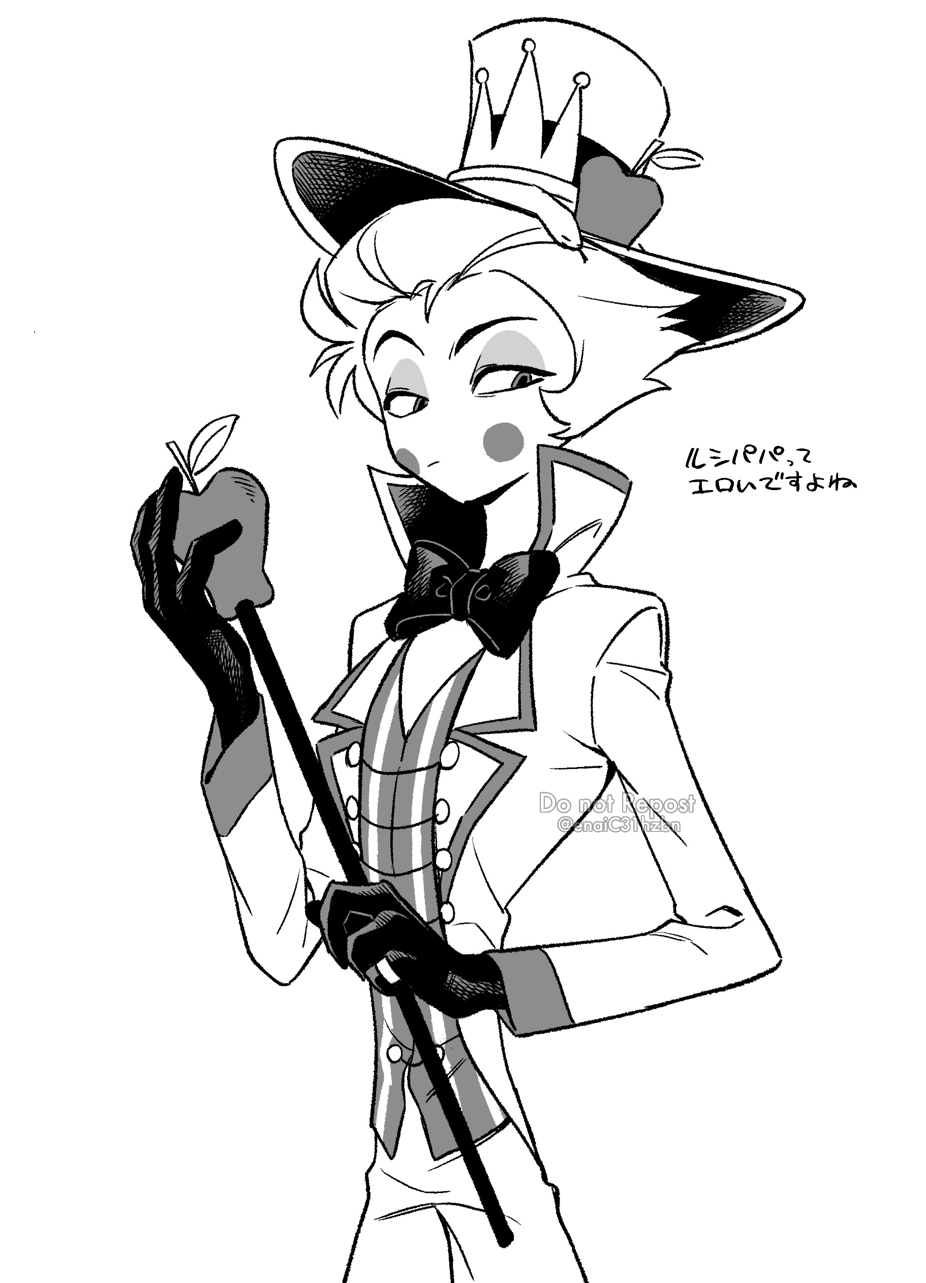 menma (enaic31), lucifer morningstar (hazbin hotel), hazbin hotel, hellaverse, absurdres, commentary request, highres, translation request, 1boy, apple, bow, bowtie, buttons, circle facial mark, closed mouth, coat, collared coat, cowboy shot, eyeshadow, fewer digits, food, fruit, gloves, greyscale, hair slicked back, hand up, hat, hatching (texture), holding, holding staff, lapels, long sleeves, looking at viewer, makeup, male focus, monochrome, notched lapels, open clothes, open coat, short hair, signature, simple background, solo, staff, standing, striped clothes, striped vest, top hat, traditional bowtie, vertical-striped clothes, vertical-striped vest, very short hair, vest, watermark, white background