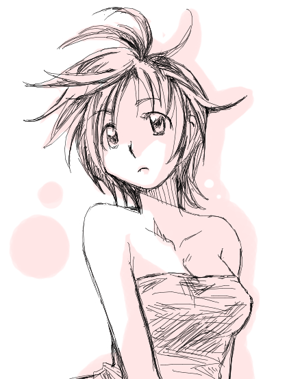 fujimoto tarau, original, bad id, bad pixiv id, 1girl, bare shoulders, female focus, messy hair, monochrome, pink theme, short hair, solo
