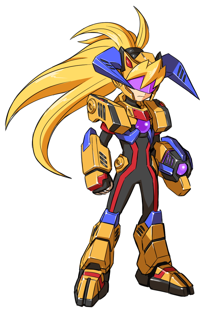 tomycase, ciel (mega man), mega man (series), mega man zero (series), mega man zx, highres, non-web source, alternate costume, arm cannon, armor, armored boots, armored gloves, assault visor, biometal, blonde hair, body armor, bodystocking, boots, breasts, chest jewel, elbow gloves, full body, gauntlets, gloves, helio breaker, helmet, horns, knee armor, knee boots, light frown, long bangs, long hair, mechanical horns, ponytail, shoulder armor, small breasts, solo, thighs, weapon, white background