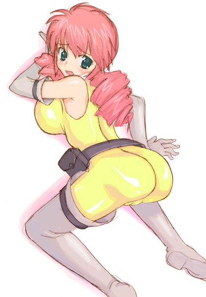 hirose (mokiki), feldt grace, gundam, gundam 00, 00s, 1girl, ass, belt, bent over, blush, bodysuit, boots, breasts, cameltoe, drill hair, elbow gloves, female focus, from behind, gloves, green eyes, huge breasts, long hair, looking back, open mouth, pink hair, solo, thigh boots, thighhighs, twintails