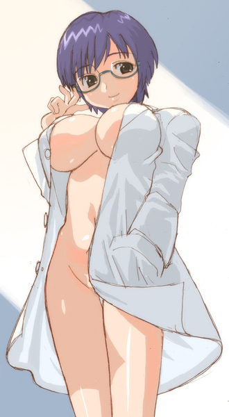 hirose (mokiki), mari ayuki, kashimashi, 00s, 1girl, adjusting eyewear, blue hair, bottomless, breasts, brown eyes, cleavage, female focus, glasses, huge breasts, large breasts, naked shirt, open clothes, open shirt, shirt, short hair, solo