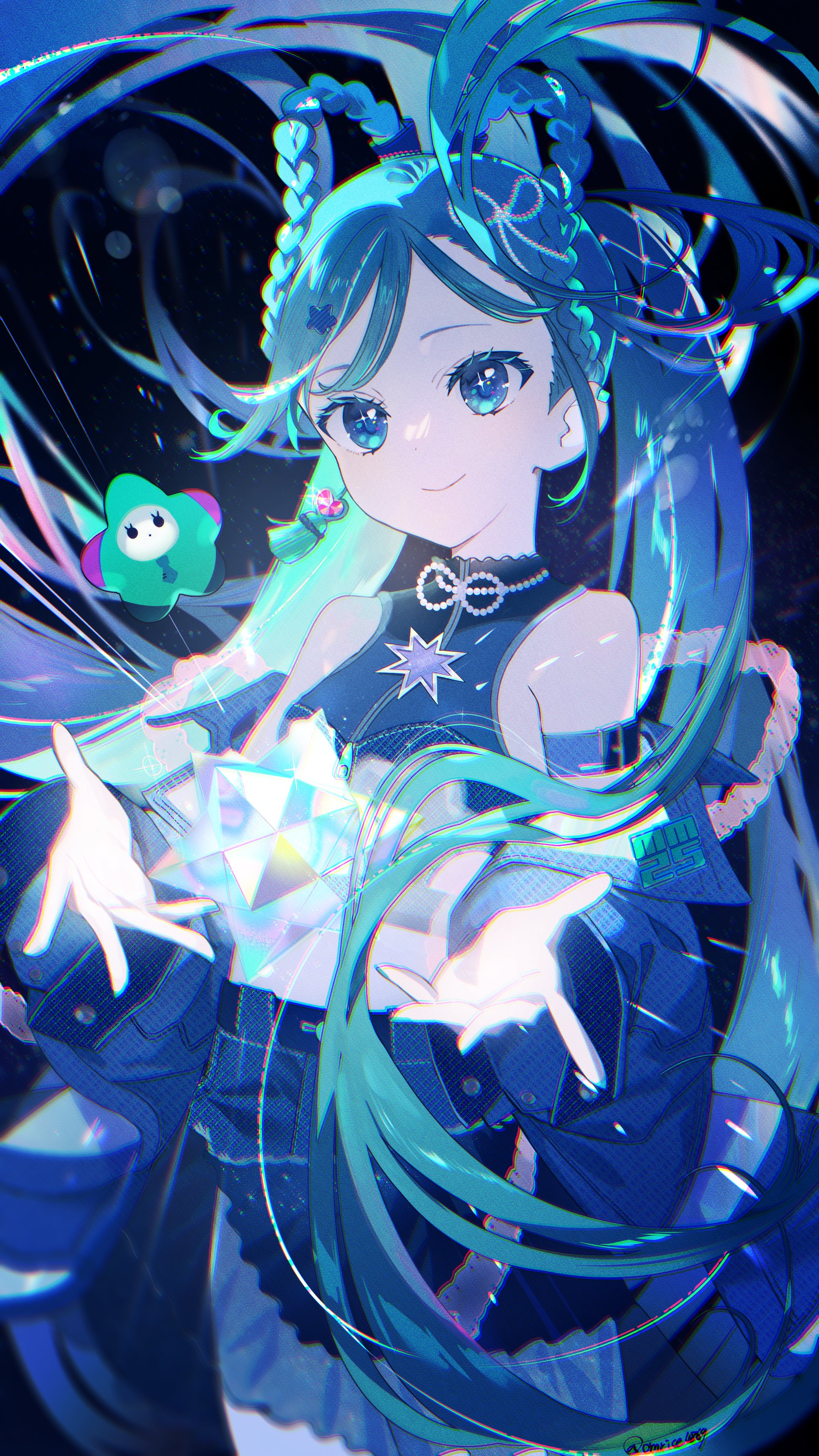 omutatsu, hatsune miku, magical mirai miku, magical mirai miku (2025), magical mirai (vocaloid), vocaloid, absurdres, commentary, highres, 1girl, absurdly long hair, aqua hair, arm belt, armpit crease, asymmetrical bangs, bare shoulders, black jacket, black shirt, black skirt, blue eyes, braid, closed mouth, cowboy shot, cropped shirt, dark background, floating clothes, floating hair, glowing, hair ornament, jacket, jewelry, layered skirt, lens flare, long hair, long sleeves, looking at viewer, lustrous (vocaloid), midriff, necklace, off shoulder, open clothes, open jacket, see-through skirt layer, shirt, skirt, sleeveless, sleeveless shirt, small stellated dodecahedron, smile, solo, star (symbol), star hair ornament, star in eye, symbol in eye, twin braids, twintails, very long hair
