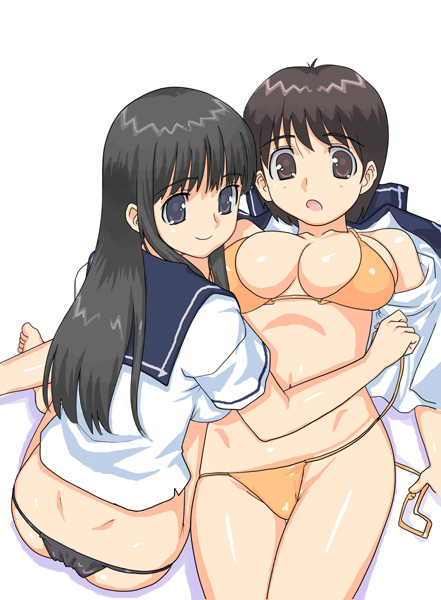 hirose (mokiki), original, 2girls, bikini, breasts, cleavage, multiple girls, school uniform, serafuku, swimsuit, undressing, yuri