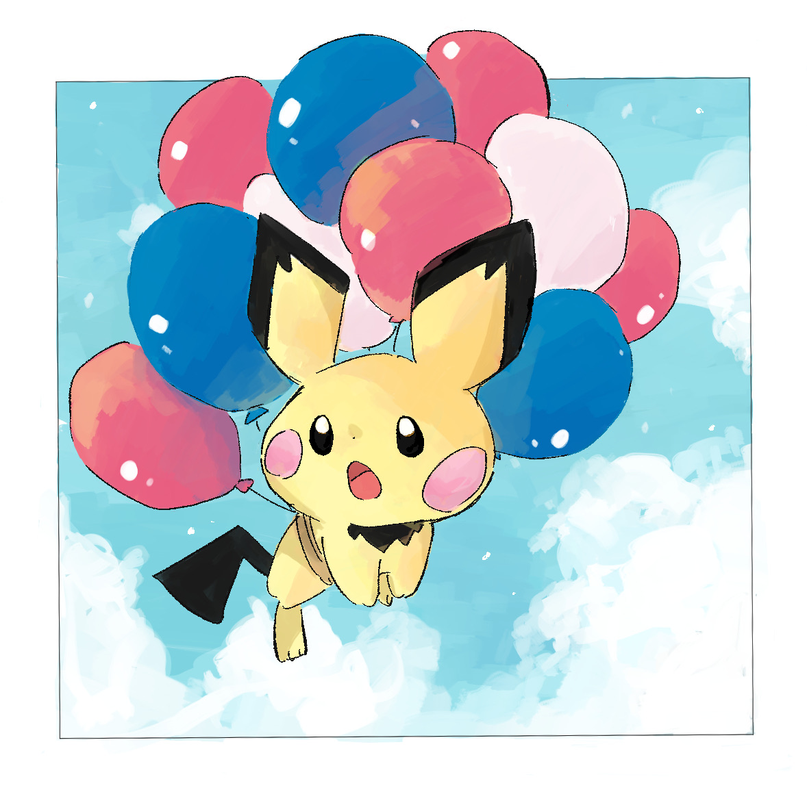 katiwari7293, pichu, nintendo, pokemon, commentary request, :o, balloon, black eyes, cloud, floating, gen 2 pokemon, no humans, open mouth, pokemon (creature), pokemon focus, solo