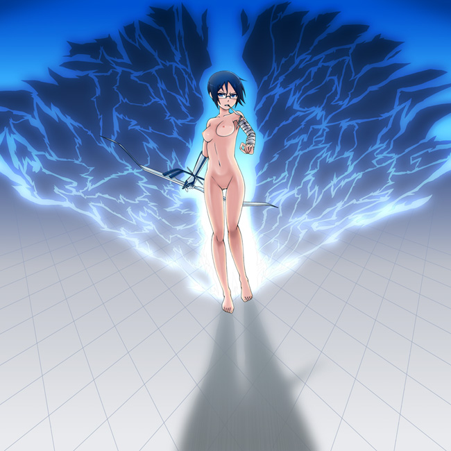 kiriyama machi, ishida uryuu, bleach, duplicate, 00s, 1girl, bandages, blue eyes, blue hair, bow (weapon), breasts, completely nude, electricity, female focus, genderswap, genderswap (mtf), glasses, matching hair/eyes, medium breasts, mouth hold, nipples, nude, pussy, quincy (bleach), shadow, short hair, solo, uncensored, weapon