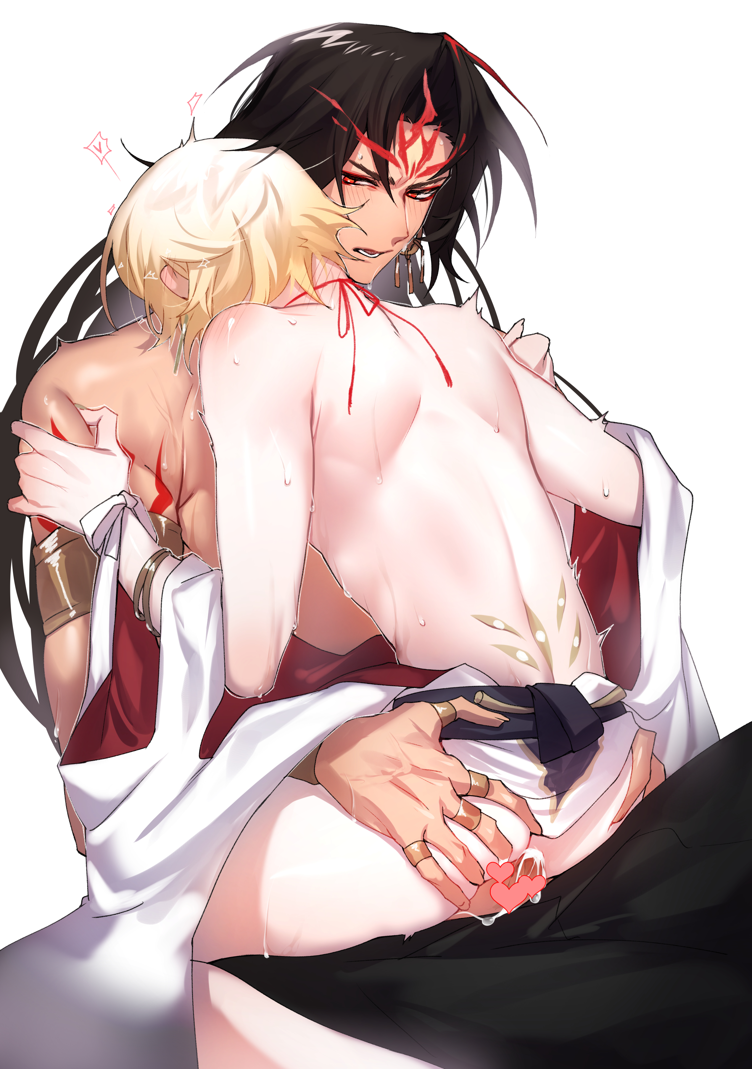 konsai 2, asura (onmyoji), taishakuten (onmyoji), onmyoji, absurdres, highres, 2boys, anal, back, black hair, blonde hair, blush, censored, cum, cum overflow, girly boy, gold ring, hand on another's ass, heart, heart censor, height difference, jewelry, long hair, looking at another, male focus, male penetrated, multiple boys, multiple rings, neck blush, penis, red eyes, ring, sex, short hair, simple background, straddling, thighs, upright straddle, white background, yaoi