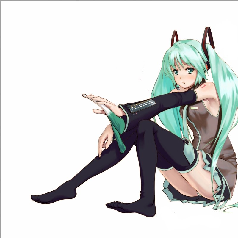 ket-c, hatsune miku, vocaloid, bad id, bad pixiv id, 1girl, aqua eyes, aqua hair, armpits, detached sleeves, feet, female focus, legs, outstretched arm, panties, pantyshot, sitting, solo, spring onion, thighhighs, twintails, underwear