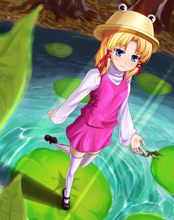 ket-c, moriya suwako, touhou, bad id, bad pixiv id, 1girl, blonde hair, blue eyes, female focus, frog, from above, full body, hair ribbon, hat, lily pad, mary janes, perspective, pond, ribbon, shoes, short hair, smile, solo, standing, standing on one leg, thighhighs, tree, water, white thighhighs