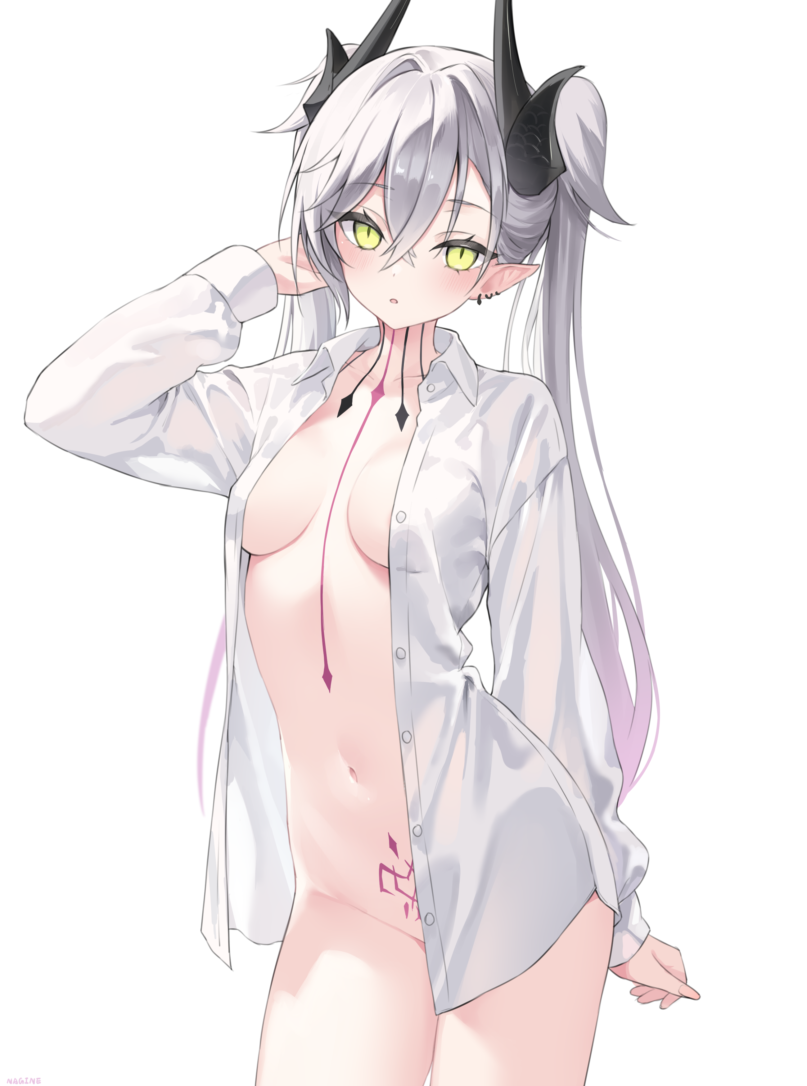 nagine, lilith (fate), fate/grand order, fate (series), absurdres, highres, 1girl, :o, artist name, blush, body markings, breasts, collared shirt, cowboy shot, crossed bangs, demon girl, demon horns, dress shirt, earrings, green eyes, grey hair, hair between eyes, hand in own hair, hand up, horns, jewelry, long hair, looking at viewer, medium breasts, naked shirt, navel, no panties, parted lips, pointy ears, pubic tattoo, shirt, slit pupils, solo, standing, stomach, tattoo, tattoo between breasts, twintails, white shirt