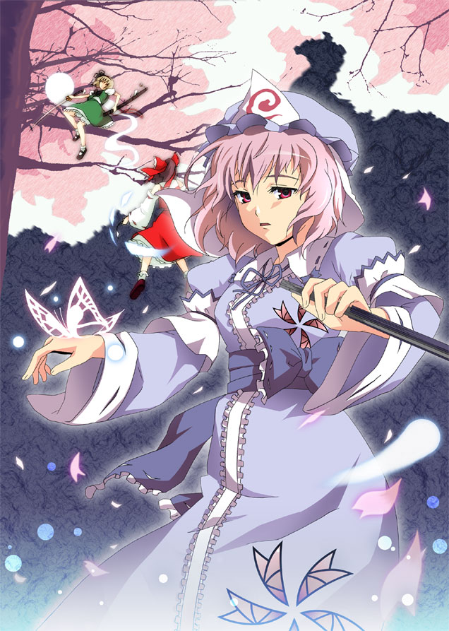 apr, hakurei reimu, konpaku youmu, konpaku youmu (ghost), saigyouji yuyuko, touhou, 3girls, bug, butterfly, cherry blossoms, female focus, folded fan, folding fan, hand fan, hitodama, multiple girls, pink hair, red eyes, tree