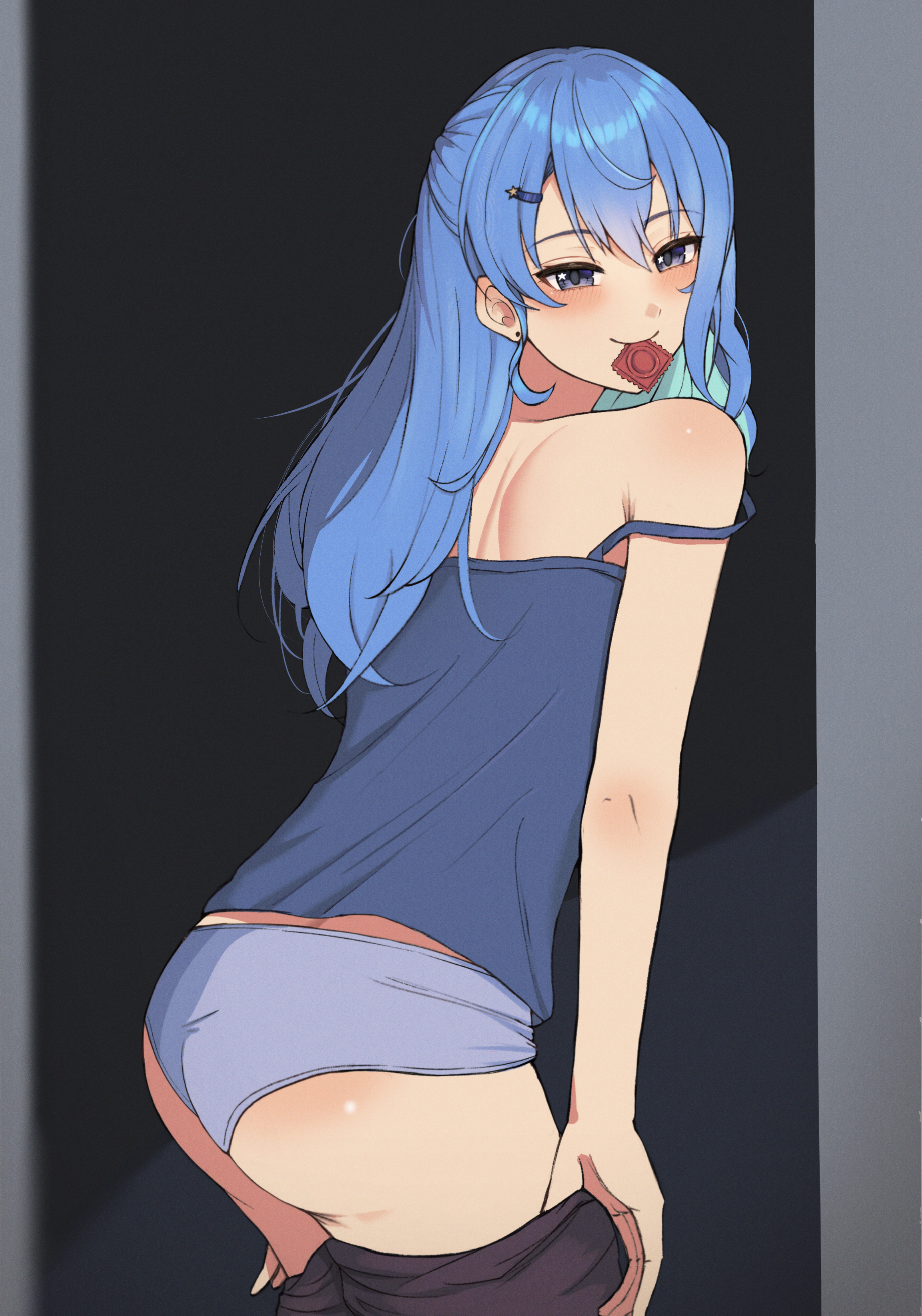 cheseu, hoshimachi suisei, hololive, absurdres, highres, 1girl, armpit crease, ass, blue camisole, blue eyes, blue hair, blue panties, blush, camisole, closed mouth, clothes pull, condom, condom in mouth, condom wrapper, from behind, hair ornament, hairclip, long hair, looking at viewer, looking back, mouth hold, panties, pants, pants pull, smile, solo, strap slip, underwear, undressing, virtual youtuber