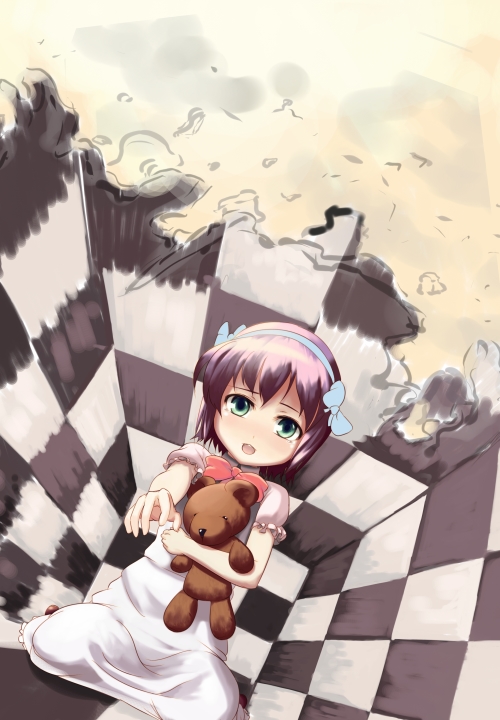 ket-c, shiho elis, night wizard, bad id, bad pixiv id, 00s, 1girl, blush, female focus, from above, green eyes, looking afar, looking up, pink hair, short hair, sitting, solo, stuffed animal, stuffed toy, teddy bear