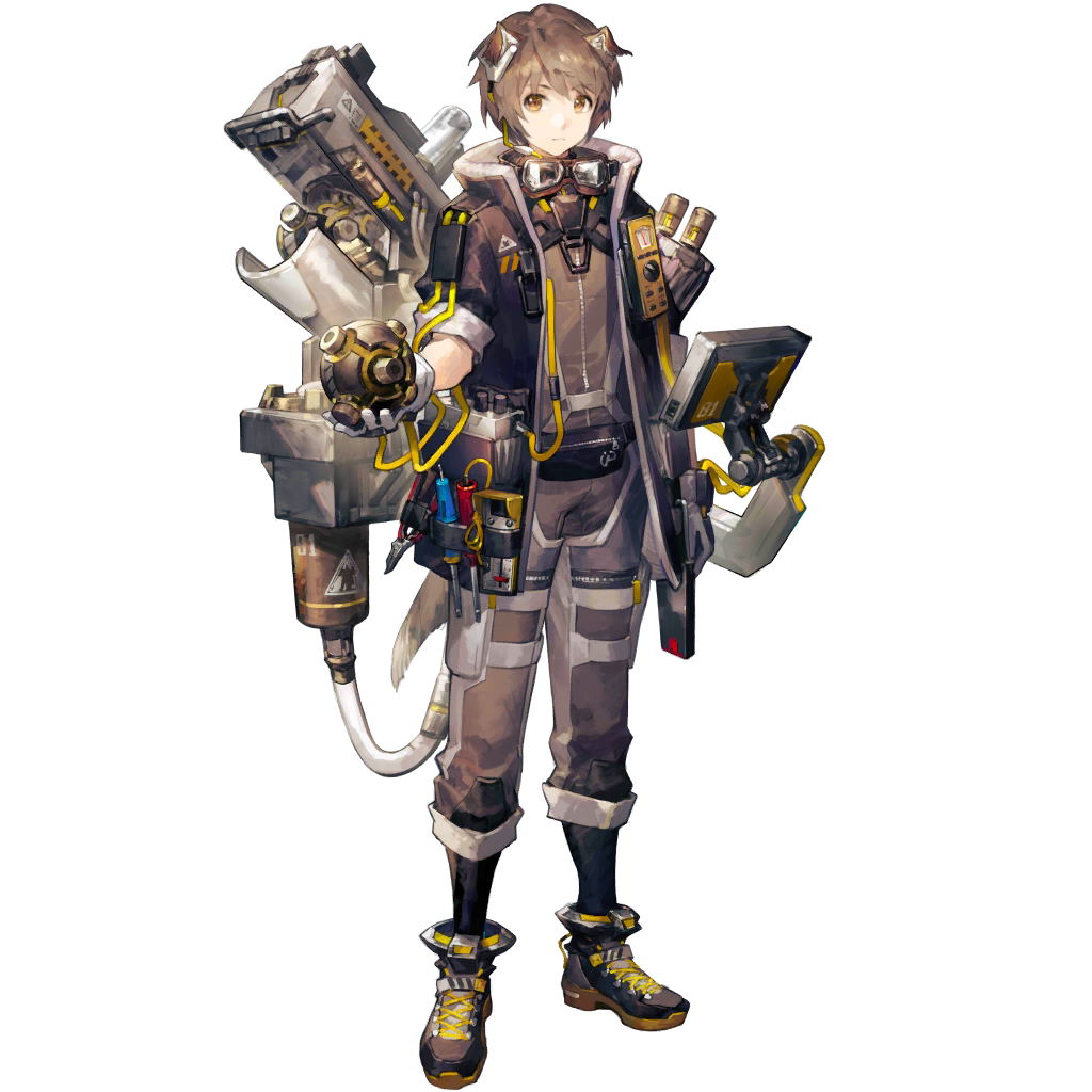 scorpion5050, greyy (arknights), greyy the lightningbearer (arknights), arknights, official art, third-party source, 1boy, animal ears, aviator goggles, bishounen, black gloves, black jacket, brown eyes, brown hair, closed mouth, dog boy, dog ears, dog tail, fanny pack, full body, gloves, goggles, goggles around neck, jacket, looking at viewer, male focus, rhodes island logo (arknights), serious, shoes, short hair, simple background, solo, standing, tachi-e, tail, transparent background, two-sided gloves, yellow eyes