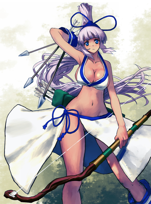 inumaroboya, inumaru (sougen no marogoya), majikina mina, samurai spirits, snk, 1girl, blue eyes, bow (weapon), breasts, cleavage, female focus, large breasts, solo, weapon