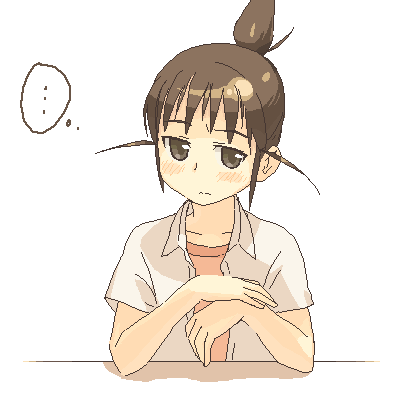 om (nk2007), ogiue chika, genshiken, lowres, 00s, 1girl, blouse, blue eyes, blush, brown hair, collared shirt, female focus, oekaki, open clothes, open shirt, shirt, short hair, simple background, solo, topknot, white background, white shirt