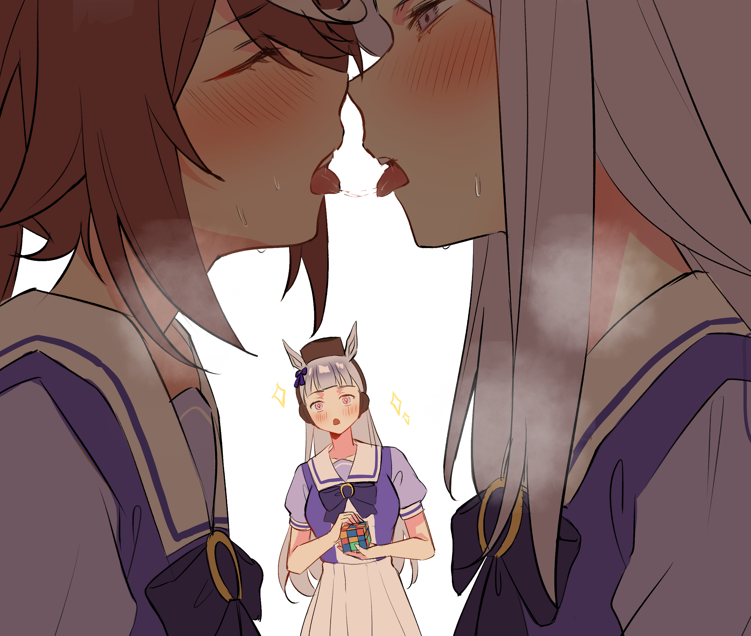 yuha6666, gold ship (umamusume), mejiro mcqueen (umamusume), tokai teio (umamusume), umamusume, commentary, english commentary, highres, 3girls, after kiss, animal ears, blush, brown hair, closed eyes, holding, horse ears, horse girl, long hair, looking at another, multiple girls, open mouth, purple eyes, purple hair, purple shirt, rubik's cube, saliva, saliva trail, school uniform, shirt, simple background, skirt, smile, sparkle, tongue, tongue out, tracen school uniform, white background, white skirt, yuri