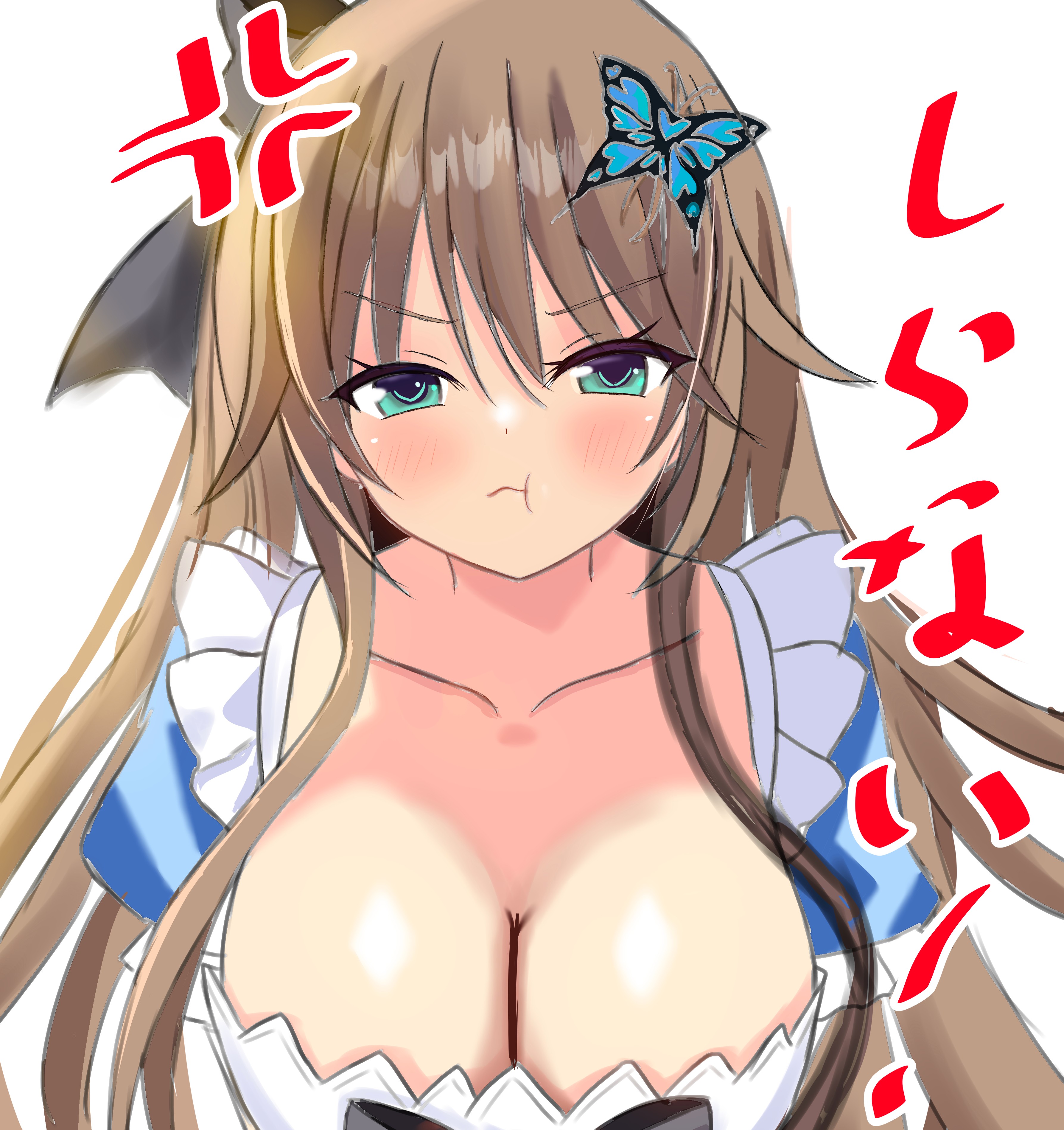 sakuratoru, toriumi arisu, hapymaher, absurdres, commentary request, highres, translated, 1girl, :t, anger vein, angry, apron, aqua eyes, black bow, blush, bow, breasts, brown hair, butterfly hair ornament, cleavage, closed mouth, collarbone, eyes visible through hair, hair between eyes, hair bow, hair ornament, large breasts, long hair, looking at viewer, pout, puffy short sleeves, puffy sleeves, short sleeves, sidelocks, simple background, sketch, solo, straight hair, upper body, v-shaped eyebrows, very long hair, white apron, white background