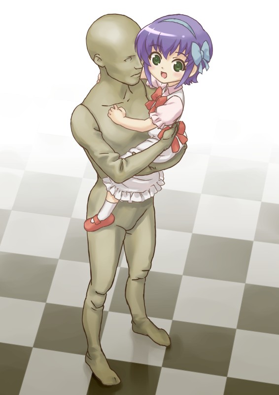 om (nk2007), shiho elis, night wizard, bad id, bad pixiv id, 00s, 1boy, 1girl, bald, blue eyes, checkered floor, child, dress, from above, looking at viewer, looking up, nude, puffy short sleeves, puffy sleeves, purple eyes, short hair, short sleeves, size difference, standing, white dress