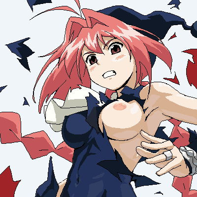 om (nk2007), dorothy (marchen awakens romance), marchen awakens romance, lowres, 1girl, antenna hair, armpits, blush, braid, breasts, brown eyes, covered erect nipples, exploding clothes, female focus, hat, jewelry, large breasts, long hair, no bra, oekaki, pink hair, ring, solo, tearing clothes, torn clothes, twin braids, wardrobe malfunction