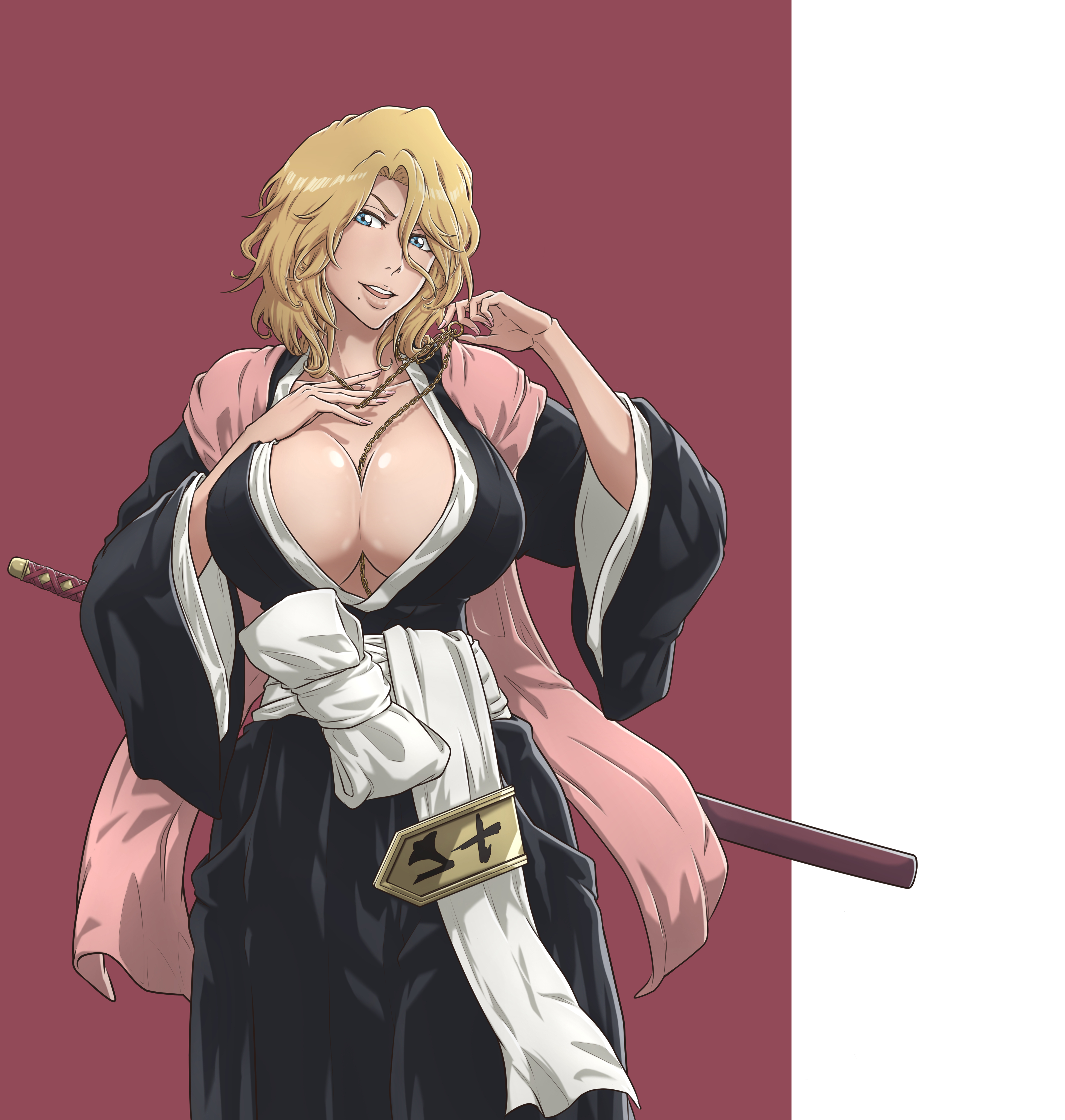 sonzhondaya, matsumoto rangiku, bleach, bleach: sennen kessen-hen, absurdres, bad link, highres, tagme, 1girl, black kimono, blue eyes, breasts, cleavage, japanese clothes, jewelry, kimono, large breasts, open clothes, open kimono, sword, weapon