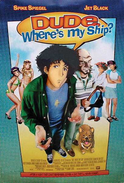 edward wong hau pepelu tivrusky iv, ein (cowboy bebop), electra ovilo, faye valentine, jet black, julia (cowboy bebop), spike spiegel, cowboy bebop, 2boys, 4girls, ?, beard, choker, cigarette, crossed arms, dog, elektra ovirowa, facial hair, goggles, headband, high heels, key, multiple boys, multiple girls, parody, purple hair, shrugging, skirt, smoking, sunglasses