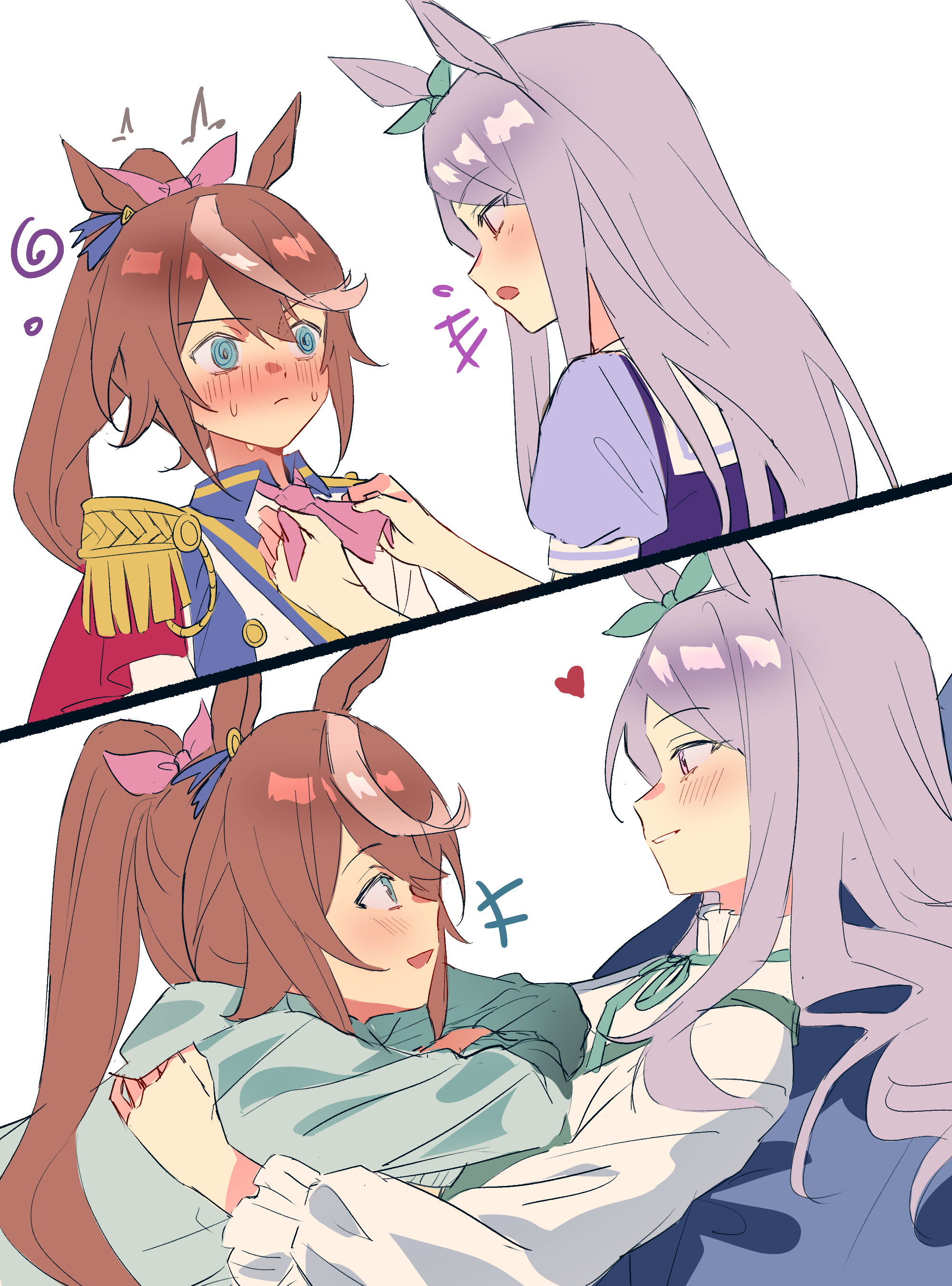 yuha6666, mejiro mcqueen (umamusume), tokai teio (umamusume), umamusume, absurdres, commentary, english commentary, highres, 2girls, @ @, blue eyes, blue hoodie, blush, bow, brown hair, closed mouth, epaulettes, hair bow, heart, hood, hoodie, jacket, long hair, lying on person, multicolored hair, multiple girls, open mouth, parted lips, pink bow, ponytail, purple eyes, purple hair, purple shirt, school uniform, shirt, simple background, smile, streaked hair, sweat, tracen school uniform, white background, white shirt, yuri