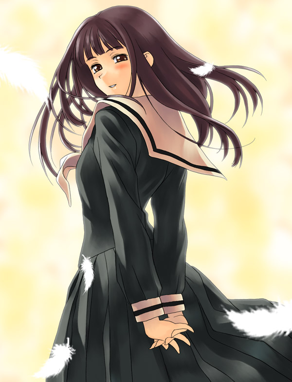 kubo shiori, maria-sama ga miteru, 00s, black hair, feathers, long hair, school uniform, serafuku, solo