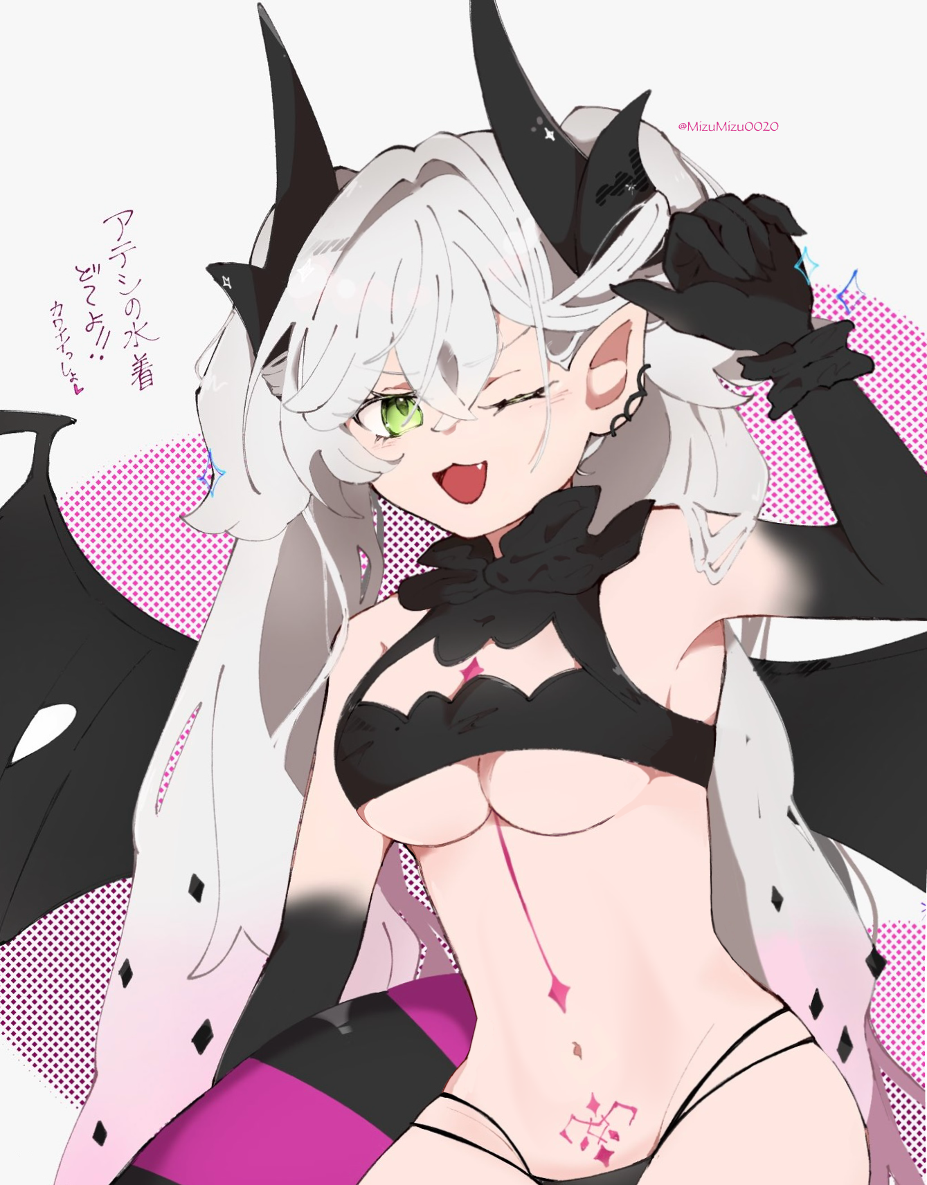 lilith (fate), fate/grand order, fate (series), highres, 1girl, bat wings, breasts, demon girl, demon horns, earrings, fang, green eyes, horns, innertube, jewelry, lilith (stormy night) (fate), long hair, medium breasts, mizumizu0020, neck tattoo, one eye closed, open mouth, pubic tattoo, solo, swim ring, swimsuit, tattoo, twintails, twitter username, white hair, wings