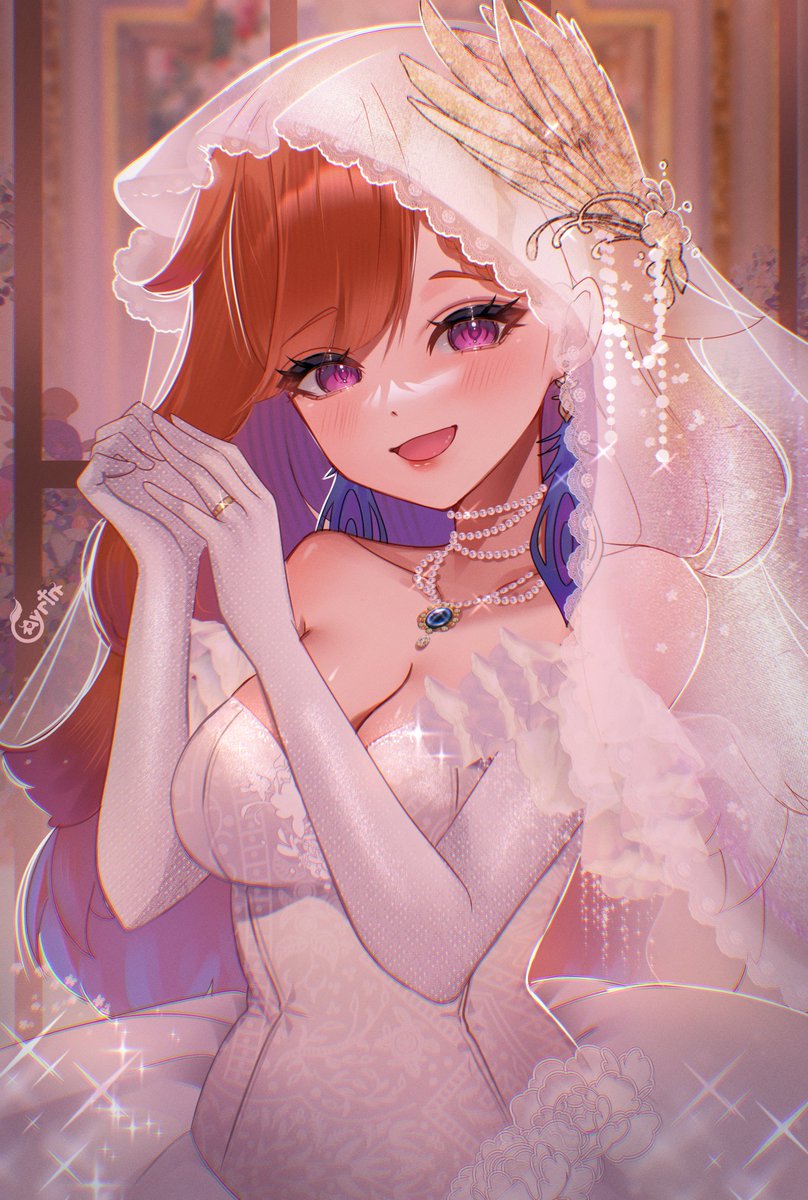 ayrinsama, takanashi kiara, hololive, hololive english, commentary, english commentary, highres, 1girl, alternate costume, blue hair, breasts, bridal veil, cleavage, dress, earrings, elbow gloves, feather earrings, feathers, gloves, gradient hair, jewelry, large breasts, long hair, looking at viewer, multicolored hair, open mouth, orange hair, purple eyes, ring, solo, veil, virtual youtuber, wedding dress, wedding ring, white dress, white gloves