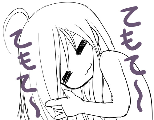 kiira, izumi konata, lucky star, lowres, translated, 00s, 1girl, ahoge, female focus, mole, mole under eye, monochrome, purple theme, solo, timotei