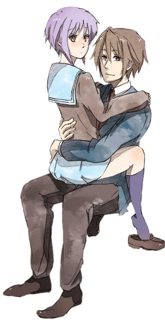 mo ko, koizumi itsuki, nagato yuki, suzumiya haruhi no yuuutsu, bad id, bad pixiv id, 00s, school uniform, serafuku, sitting, sitting on lap, sitting on person