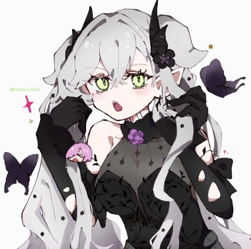 lilith (celebratory attire) (fate), lilith (fate), mash kyrielight, fate/grand order, fate (series), 2girls, black dress, blush, breasts, bug, butterfly, demon horns, detached sleeves, dress, earrings, green eyes, horns, insect, jewelry, long hair, medium breasts, mizumizu0020, multiple girls, neck tattoo, open mouth, pointy ears, tattoo, twintails, twitter username, white hair