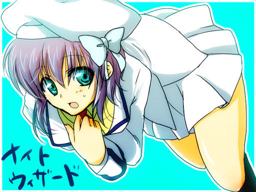hio (artist), shiho elis, night wizard, 00s, 1girl, black socks, blue background, blue eyes, blush, breasts, female focus, kneehighs, long sleeves, looking at viewer, miniskirt, pleated skirt, short hair, simple background, skirt, socks, solo, sweatdrop, white skirt