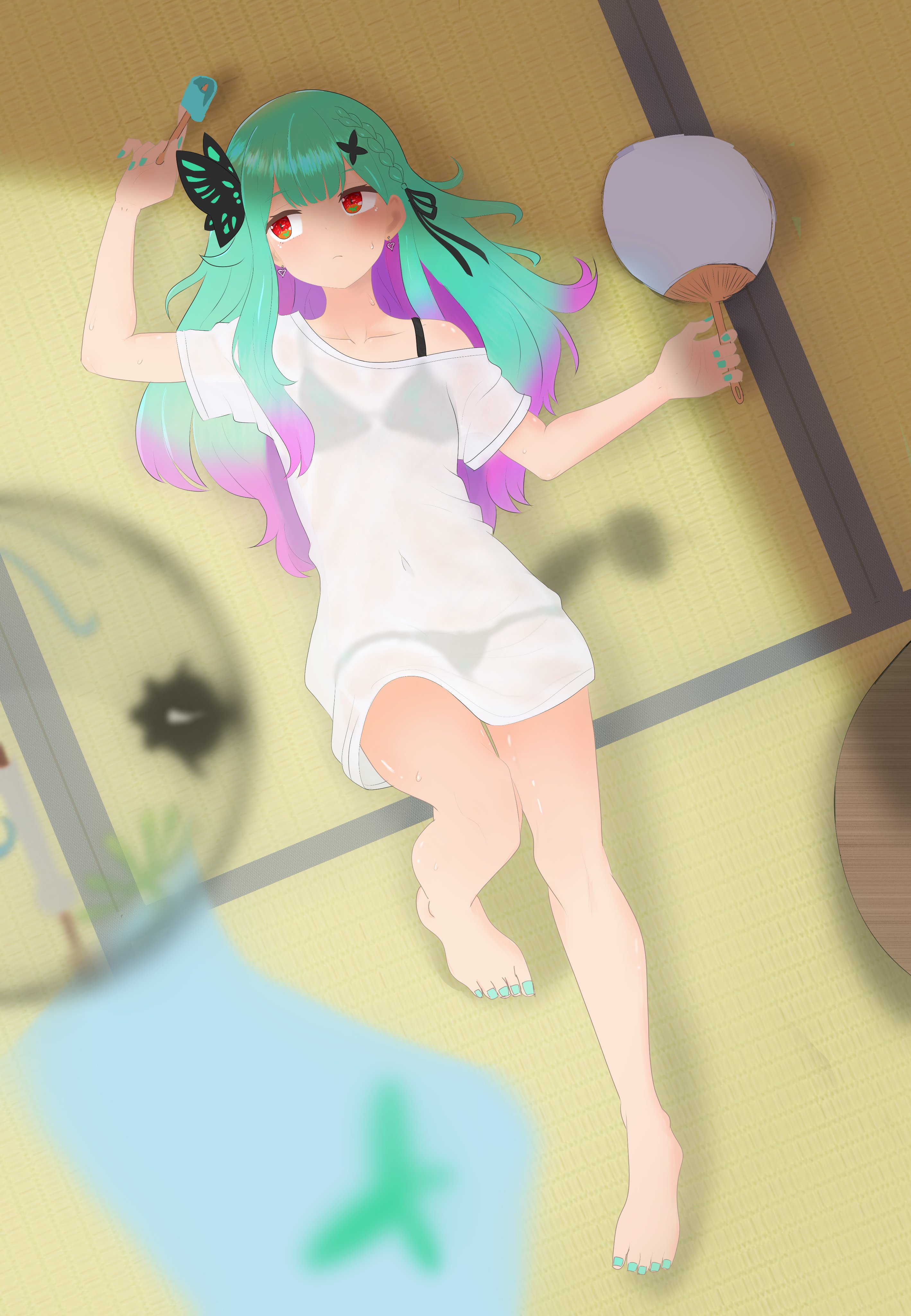 kuronagirai, uruha rushia, hololive, absurdres, highres, butterfly hair ornament, green hair, green nails, hair ornament, hand fan, ice, lying, multicolored hair, paper fan, red eyes, shirt, tatami, uchiwa, white shirt