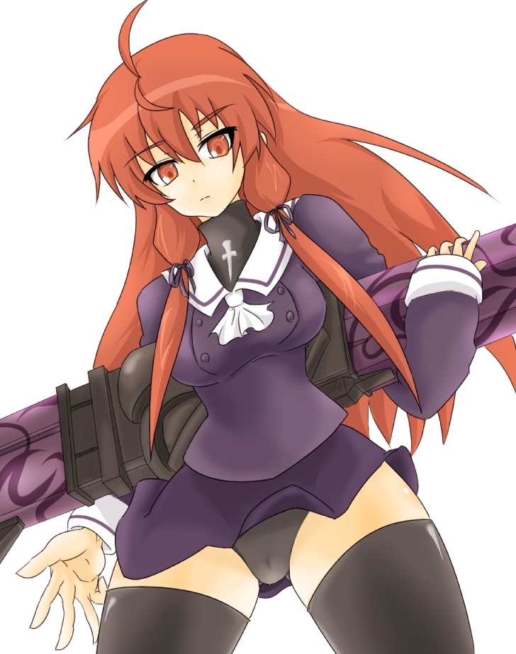 momio, himuro akari, night wizard, 00s, 1girl, ahoge, female focus, gunner's broom, huge weapon, long hair, miniskirt, panties, pantyshot, red eyes, red hair, sidelocks, skirt, solo, thighhighs, underwear, upskirt, weapon, zettai ryouiki