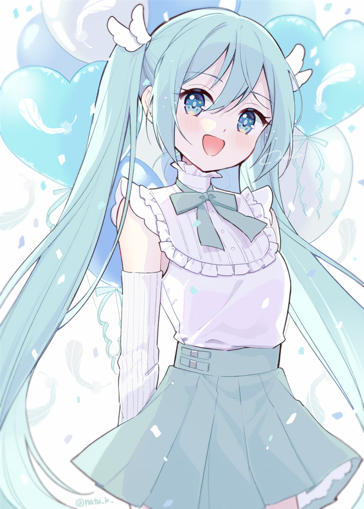 hazuki natsu, hatsune miku, vocaloid, commentary request, 1girl, :d, aqua hair, arms behind back, artist name, balloon, bib collar, blue eyes, blush, bow, bowtie, breasts, confetti, cowboy shot, detached sleeves, double-parted bangs, falling feathers, feathers, frilled shirt collar, frills, green bow, green bowtie, green skirt, hair between eyes, hair ribbon, head tilt, heart balloon, high collar, long hair, long sleeves, looking at viewer, miniskirt, open mouth, pleated skirt, ribbon, shirt, shirt tucked in, signature, simple background, skirt, sleeveless, sleeveless shirt, small breasts, smile, solo, standing, twintails, very long hair, white background, white ribbon, white shirt