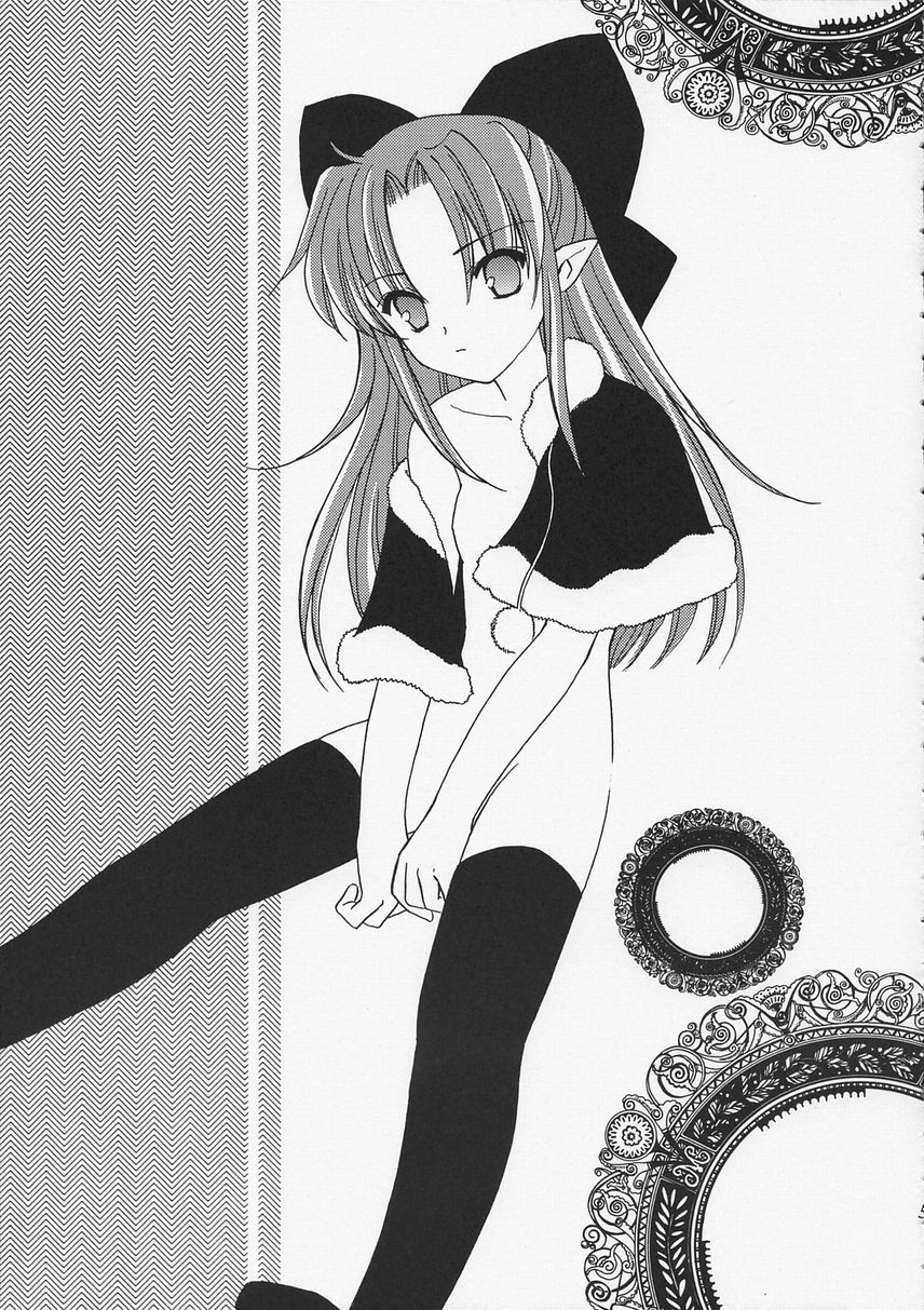 len (tsukihime), melty blood, tsukihime, type-moon, highres, 00s, 1girl, female focus, flat chest, greyscale, half updo, long hair, monochrome, pointy ears, solo, thighhighs