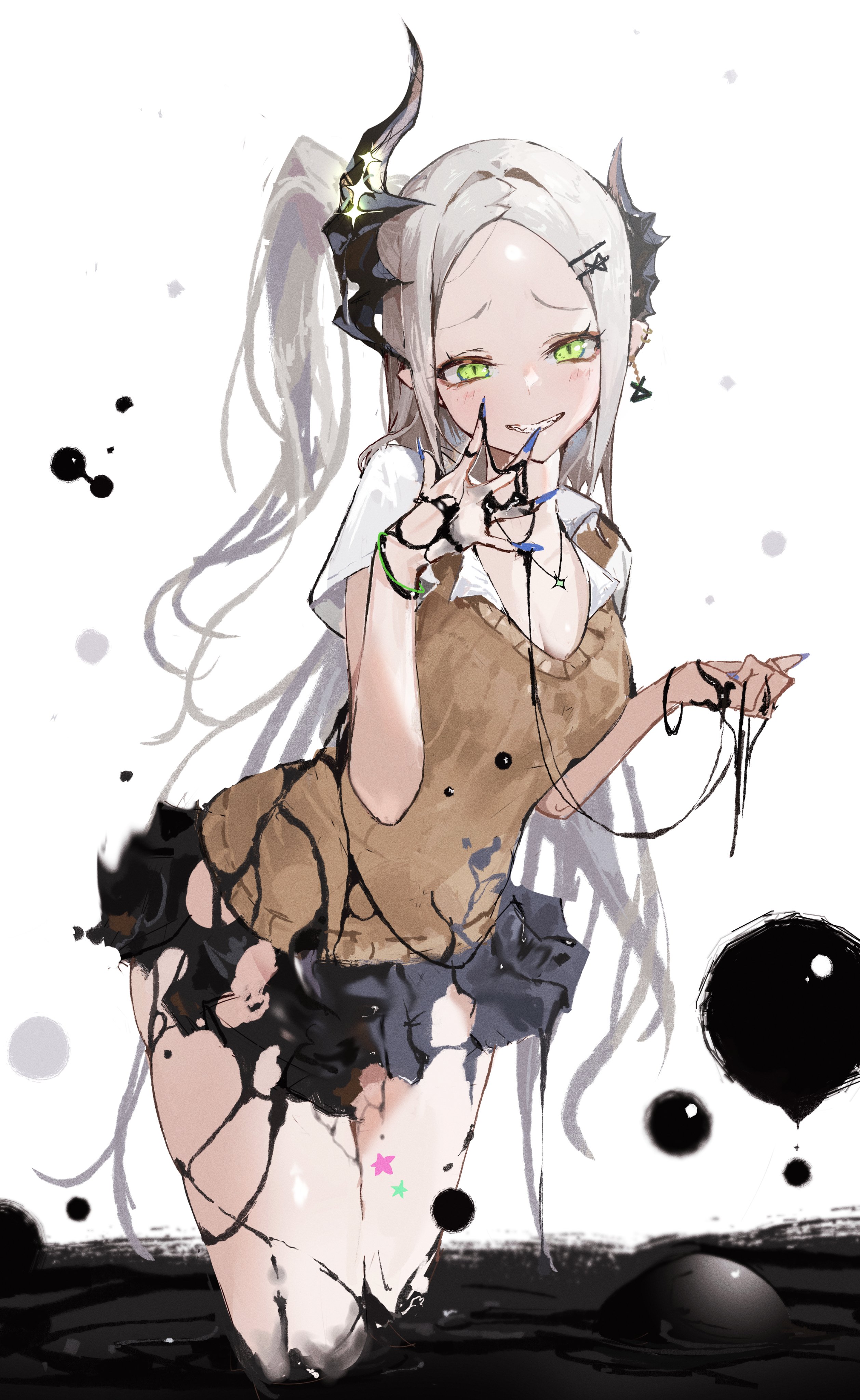 menomeno draw, leviathan (nikke), goddess of victory: nikke, absurdres, highres, 1girl, black horns, black liquid, black skirt, blue nails, blush, bracelet, brown sweater, collared shirt, ear piercing, earrings, floating liquid, forehead, furrowed brow, giggling, green eyes, grey hair, hair intakes, hair ornament, hand to own mouth, hands up, horns, jewelry, liquid clothes, long hair, looking at viewer, nail polish, necklace, one side up, partially submerged, piercing, shirt, single earring, skirt, solo, standing, star (symbol), sweater, wading, white background, white shirt