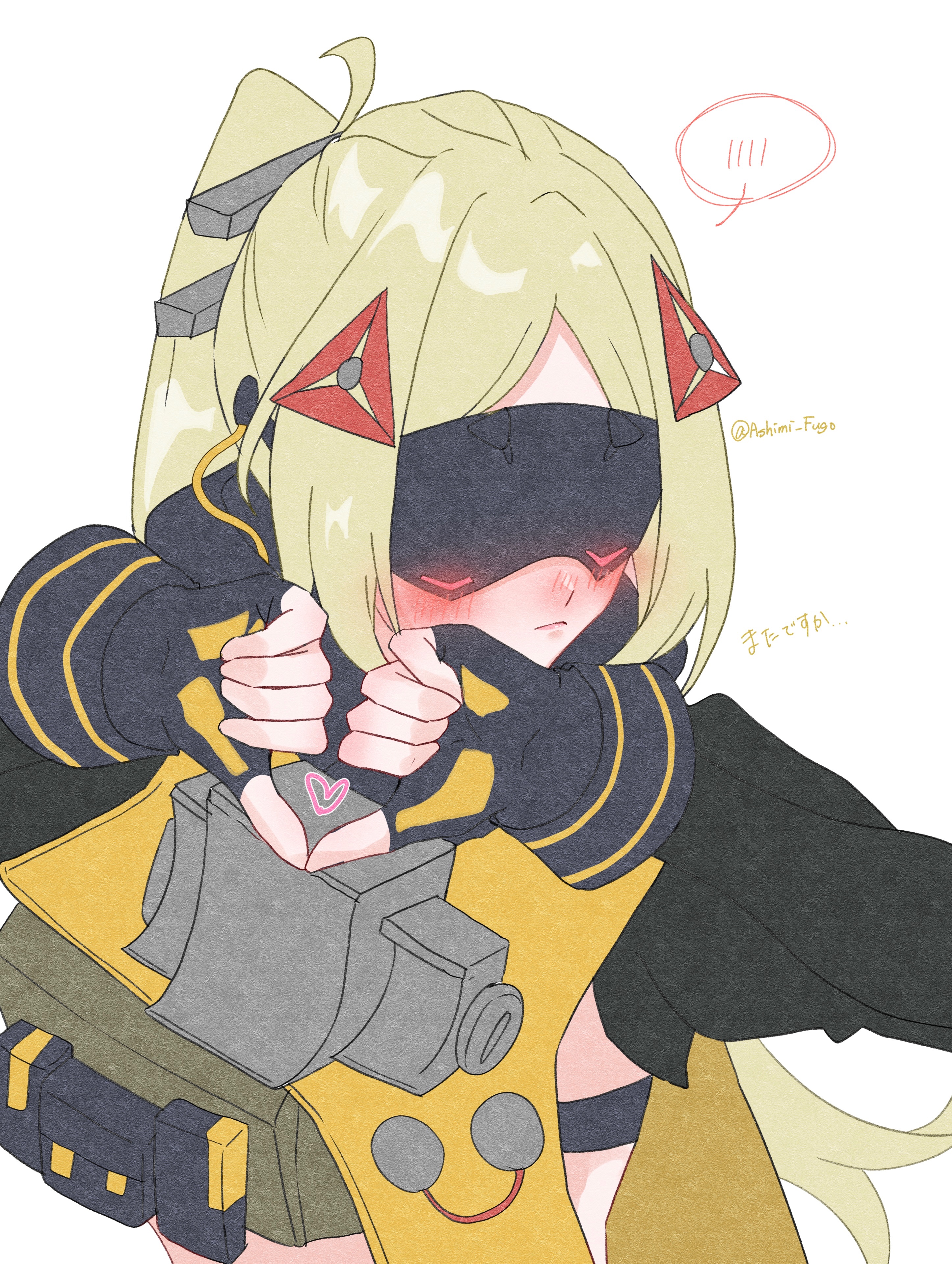 trigger (zenless zone zero), zenless zone zero, absurdres, highres, ashimi fugo, black gloves, blindfold, blonde hair, blush, camouflage, camouflage jacket, covered eyes, eye mask, fingerless gloves, gloves, glowing mask, hair ornament, heart, heart hands, jacket, looking to the side, medal, triangle hair ornament, vest, yellow jacket, zipper pull tab