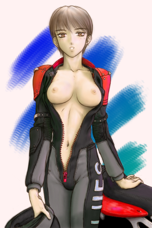 k.x., vehicle, character request, copyright request, bodysuit, breasts, cleavage, motor vehicle, motorcycle, navel, nipples