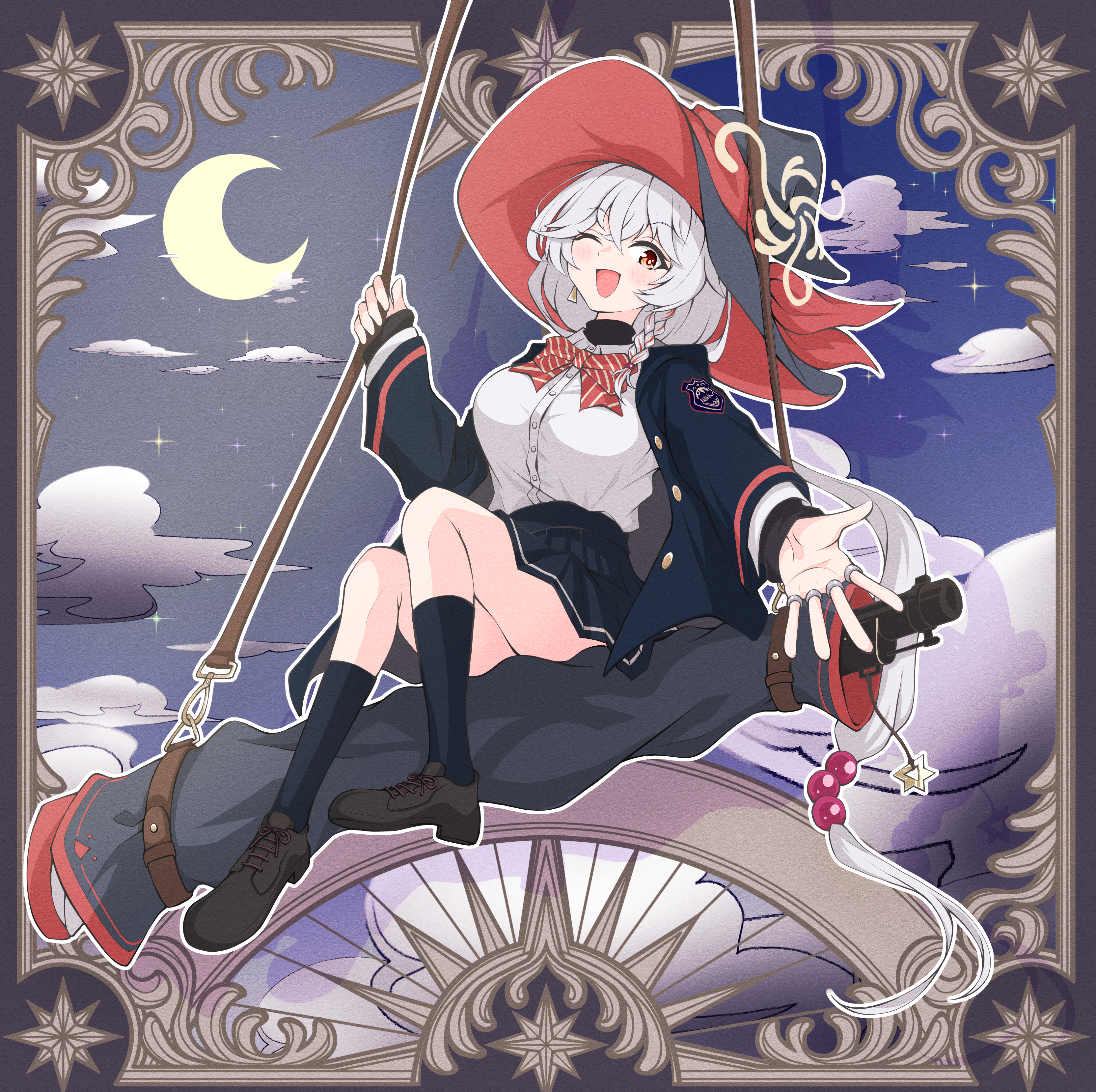 kakuhitsu no kosoado vx, eri (blue archive), blue archive, ankle socks, border, bow, bowtie, braid, card, card background, cloud, earrings, gun, halo, hat, holding strap, jacket, jewelry, long coat, long hair, moon, night, night sky, one eye closed, orange eyes, outstretched hand, riding, ring, shirt, shoes, skirt, sky, sleeves past wrists, socks, star (sky), strap, sweater, thighs, weapon, white hair, wink, witch hat