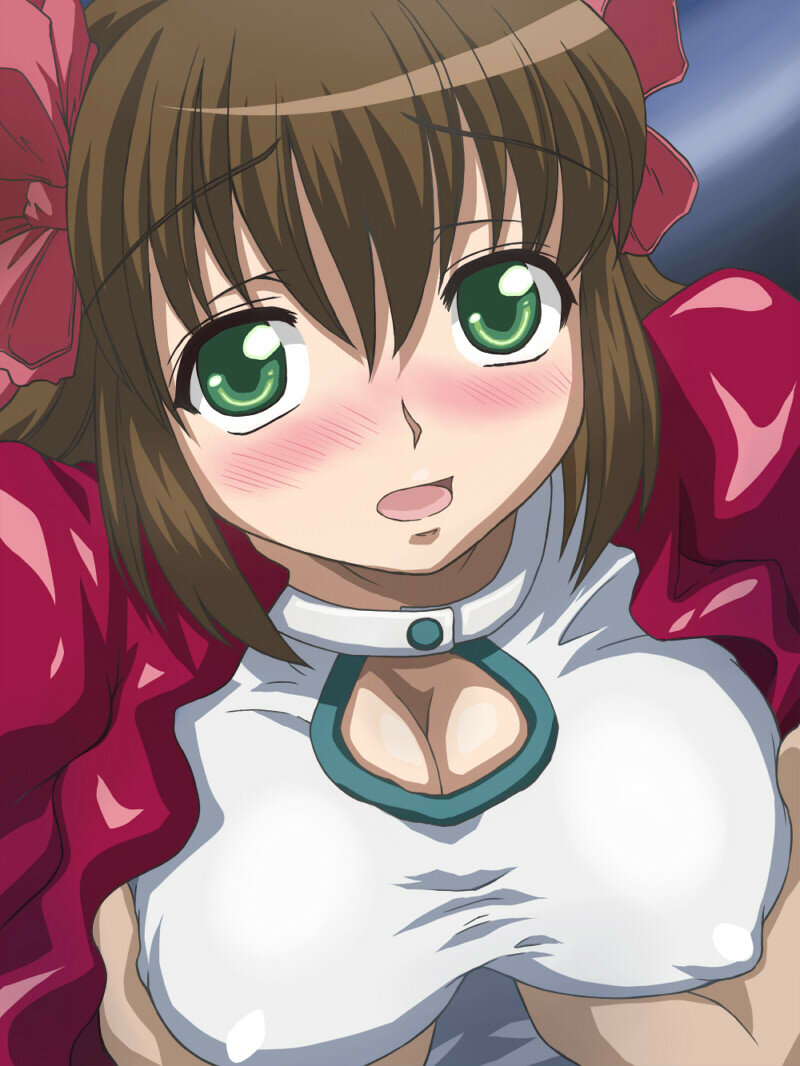 nanamo, nanamo (002a), amami haruka, idolmaster, idolmaster xenoglossia, 00s, 1girl, blush, breasts, grabbing another's breast, groping, large breasts, solo focus
