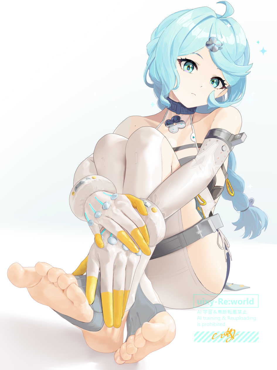 nodachi (nodati51), tsubakuro31, uixy, seed (zenless zone zero), zenless zone zero, highres, 1girl, angry, furious, green eyes, hitting, mecha, military, robot, seed sr., toes, white background