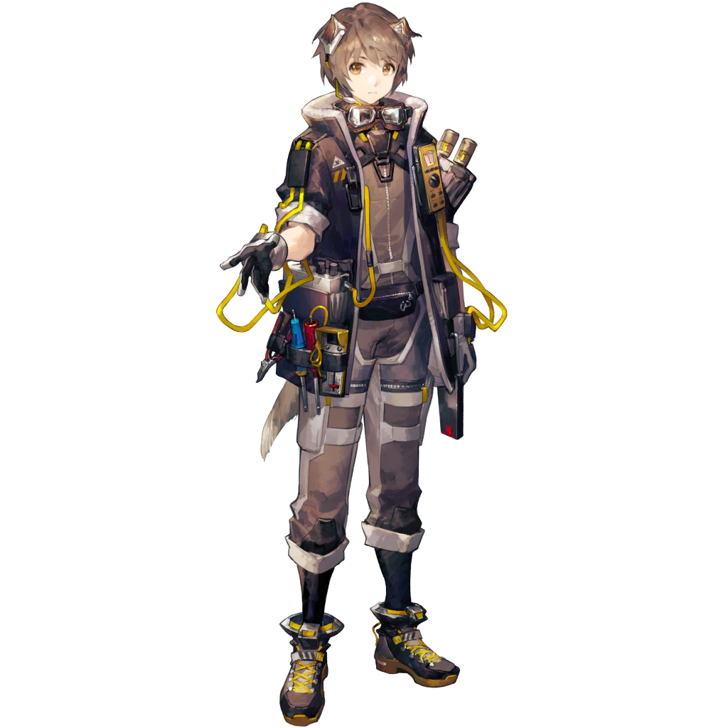 scorpion5050, greyy (arknights), greyy the lightningbearer (arknights), arknights, official art, third-party source, 1boy, animal ears, aviator goggles, bishounen, black gloves, black jacket, brown eyes, brown hair, closed mouth, dog boy, dog ears, dog tail, fanny pack, full body, gloves, goggles, goggles around neck, jacket, looking at viewer, male focus, serious, shoes, short hair, simple background, solo, standing, tachi-e, tail, transparent background, two-sided gloves, yellow eyes