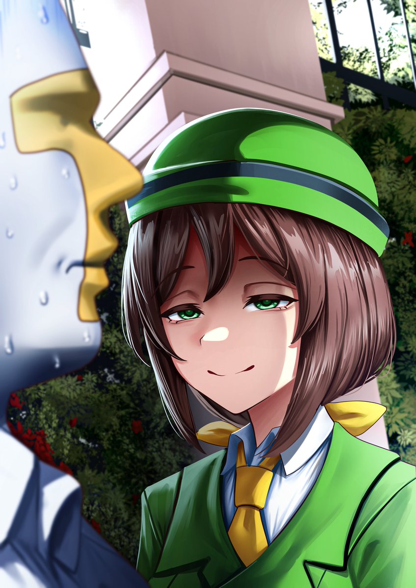 manjo (warito), hayakawa tazuna, trainer (umamusume), umamusume, commentary, english commentary, 1boy, 1girl, bowler hat, brown hair, bush, buttons, closed mouth, collared shirt, double-breasted, green eyes, green hat, green jacket, half-closed eyes, hat, jacket, medium hair, necktie, nervous sweating, shirt, smile, suit jacket, sweat, white shirt, yellow necktie