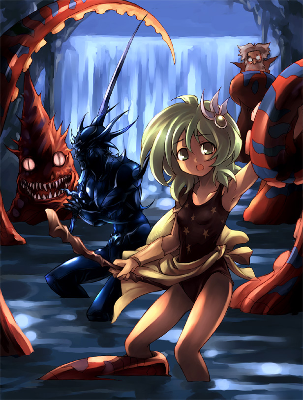 kouno hikaru, cecil harvey, dark knight (final fantasy), octomammoth, rydia (ff4), rydia (young) (ff4), tellah, final fantasy, final fantasy iv, 1990s (style), 1girl, 2boys, aged down, child, dark knight, green hair, multiple boys, octopus, one-piece swimsuit, retro artstyle, swimsuit, tentacles, water, waterfall