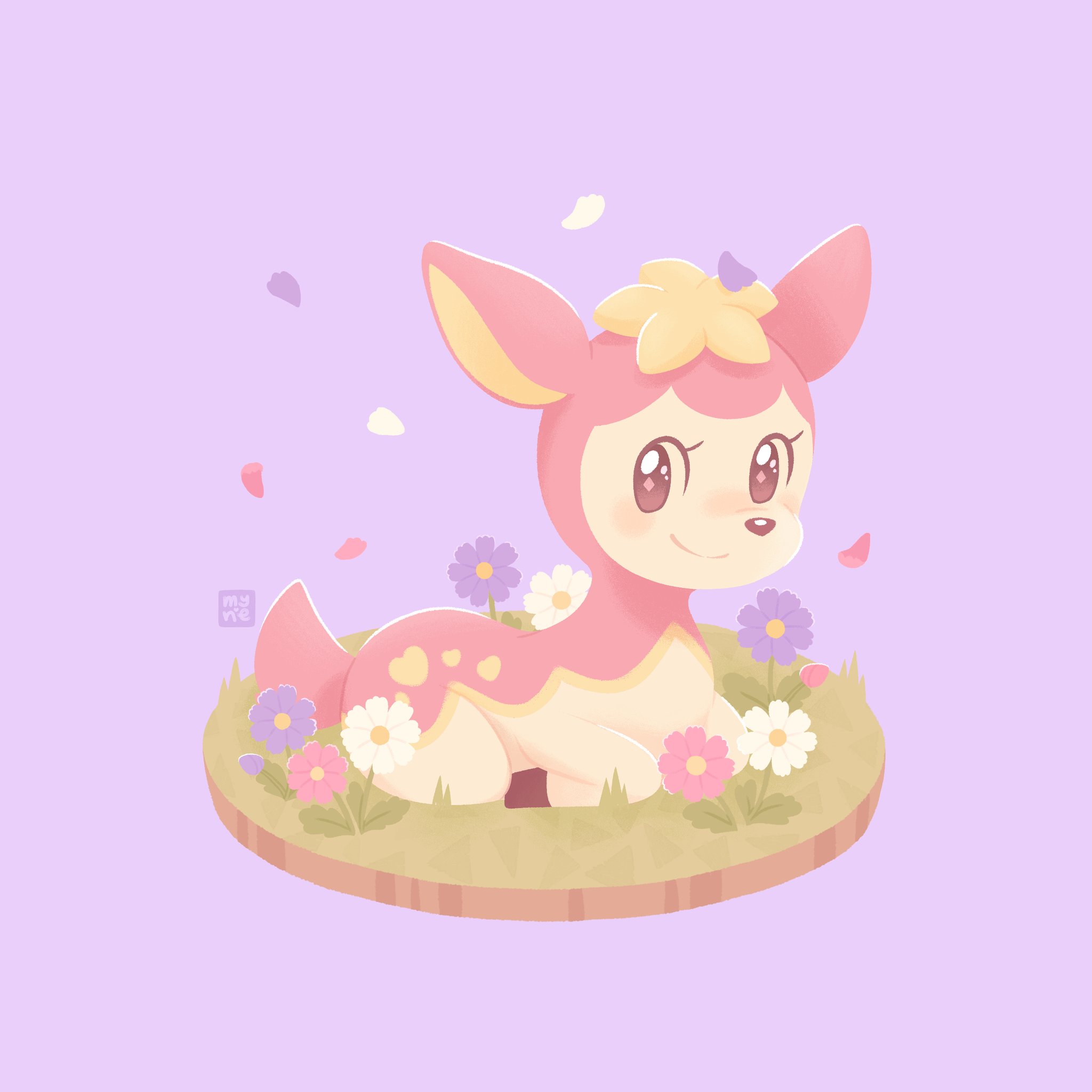 lalamyne, deerling, deerling (spring), nintendo, pokemon, commentary, english commentary, highres, blush, brown eyes, deer, flower, gen 5 pokemon, grass, no humans, petals, pokemon (creature), pokemon focus, purple background, simple background, smile
