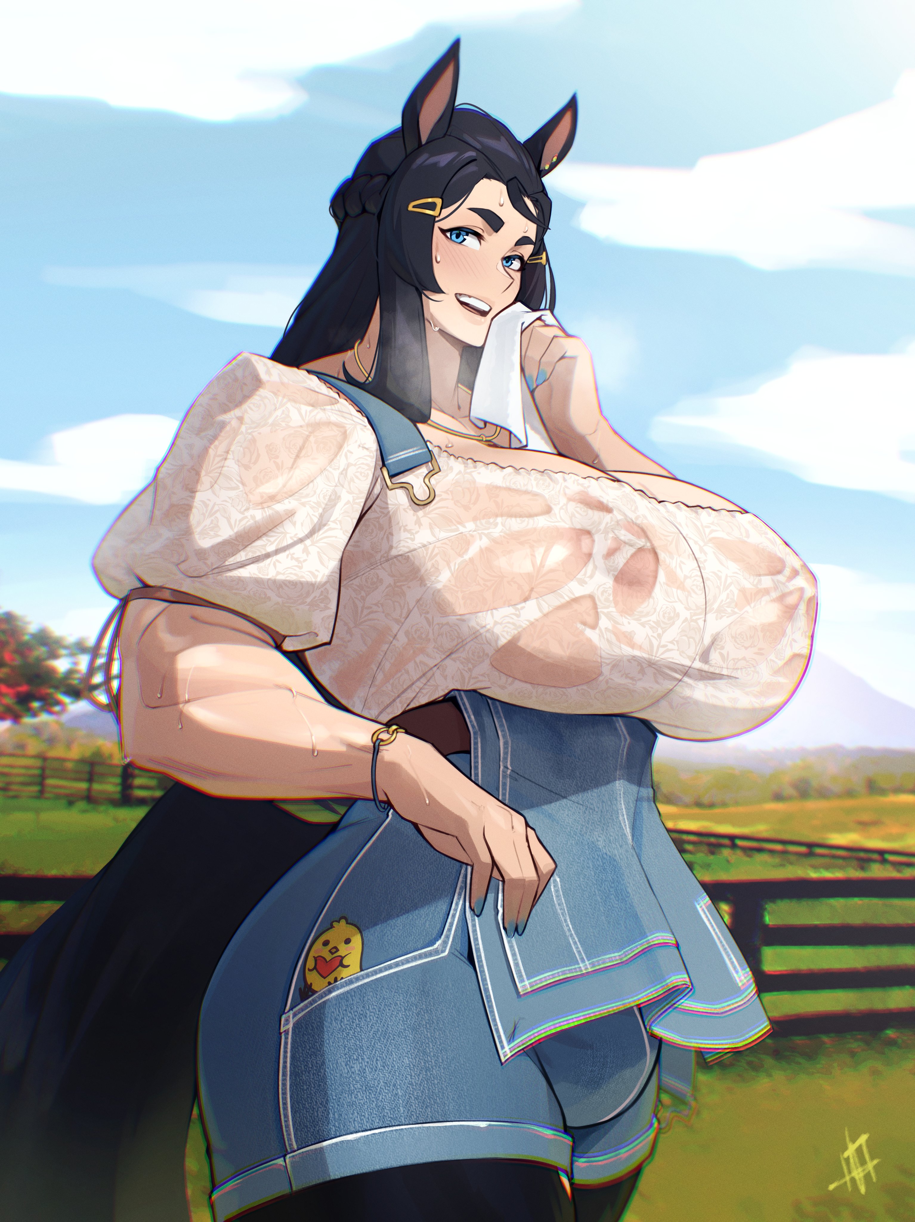 okasbasement, original, absurdres, commentary, english commentary, highres, 1girl, animal ears, anna-belle (popsicleheart), bird, black hair, black tail, blue eyes, blue nails, blue overalls, blue sky, blush, bracelet, braid, breasts, bulge, cowboy shot, fence, futanari, grass, hair ornament, hairclip, half up braid, horse ears, horse girl, horse tail, huge breasts, jewelry, looking at viewer, necklace, nipples, no bra, outdoors, overall shorts, overalls, overalls pull, puffy short sleeves, puffy sleeves, see-through clothes, see-through shirt, shirt, short sleeves, sidelocks, sky, smile, solo, sweat, tail, teeth, thick eyebrows, unfastened, upper teeth only, wiping face