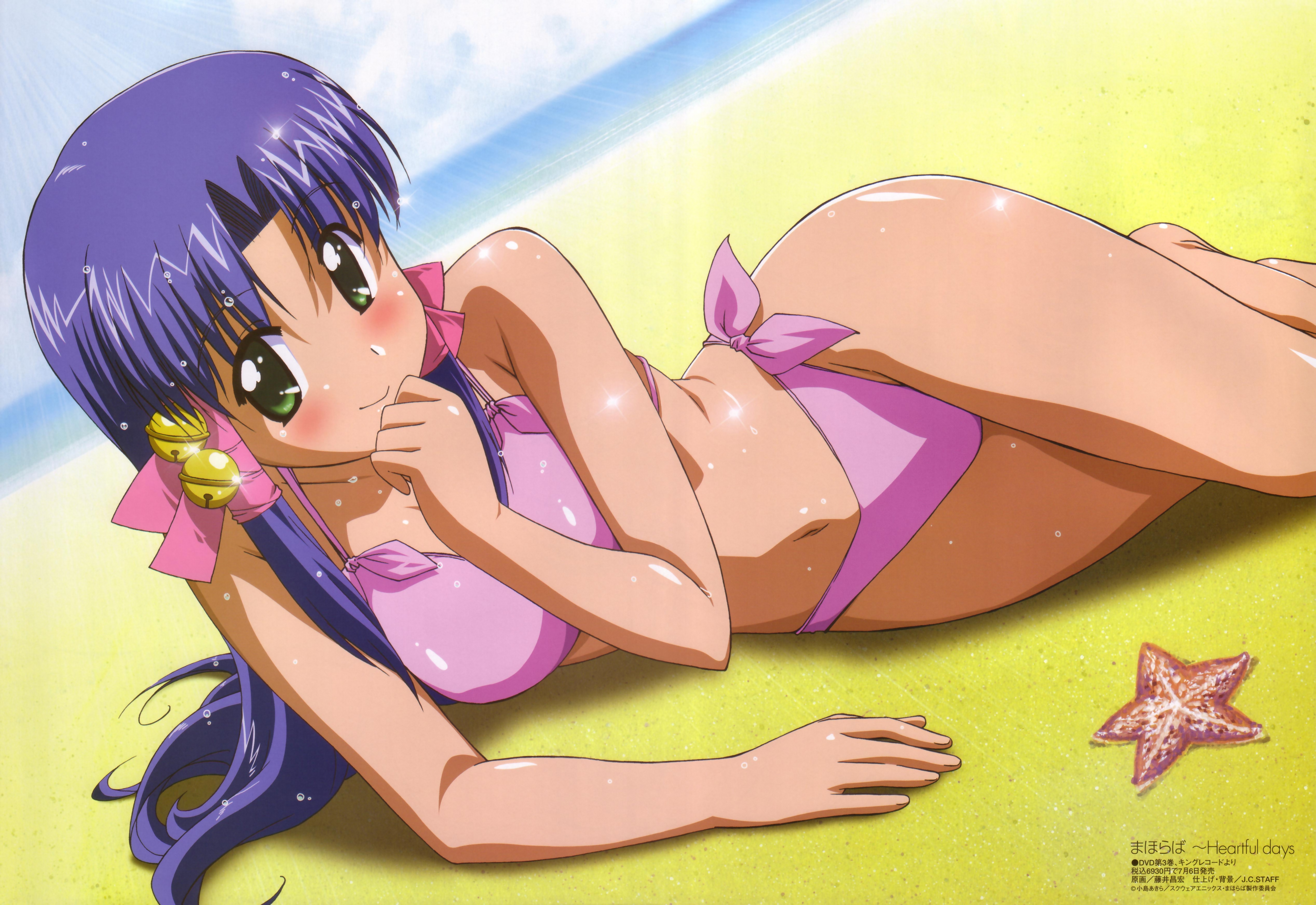 fujii masahiro, aoba kozue, mahoraba, megami magazine, absurdres, highres, 00s, 1girl, beach, bell, bikini, blue hair, blush, bow, day, female focus, green eyes, hair ribbon, lying, on side, outdoors, pink bikini, pink bow, ribbon, solo, sparkle, starfish, swimsuit, wet